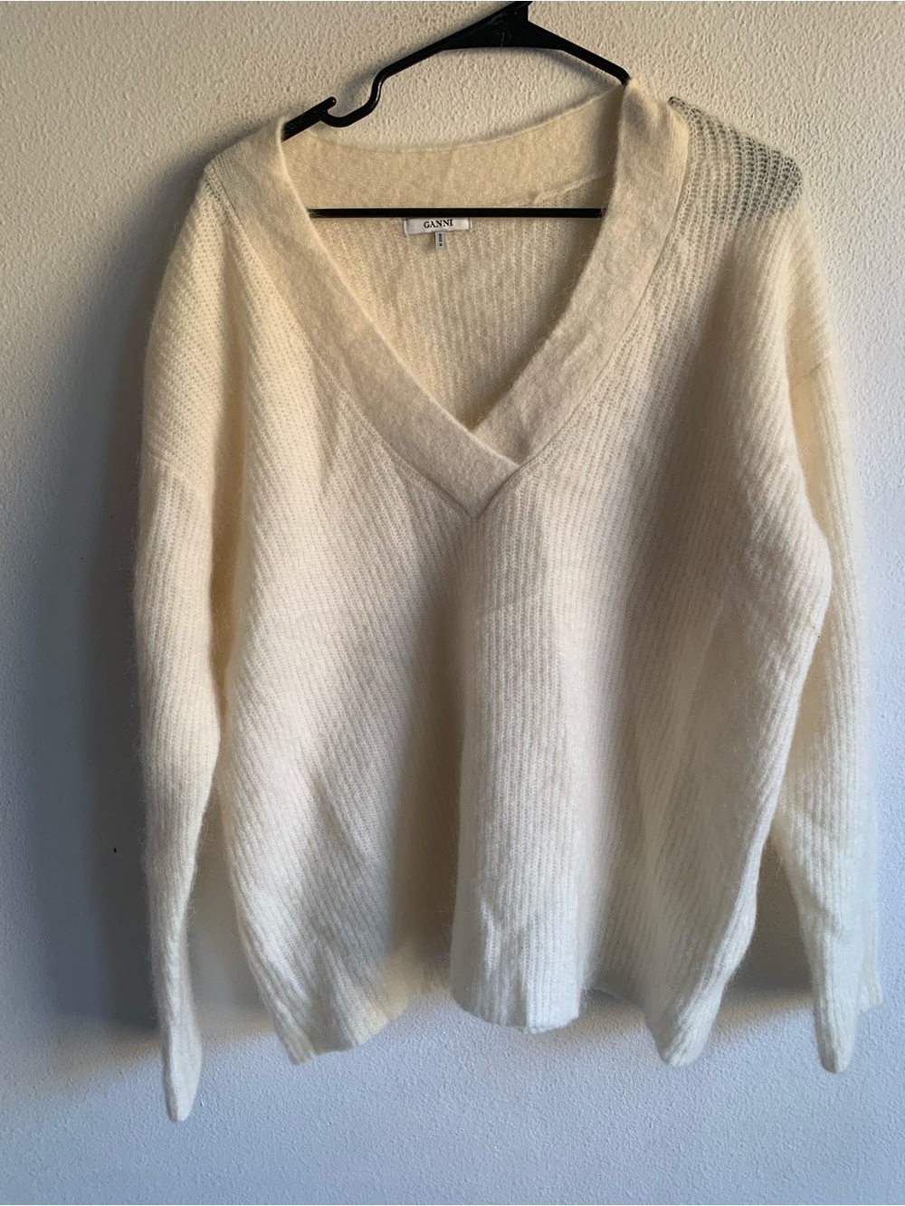 Ganni Women’s Wool Mohair Sweater Vneck Oversized Small Pullover Cream
